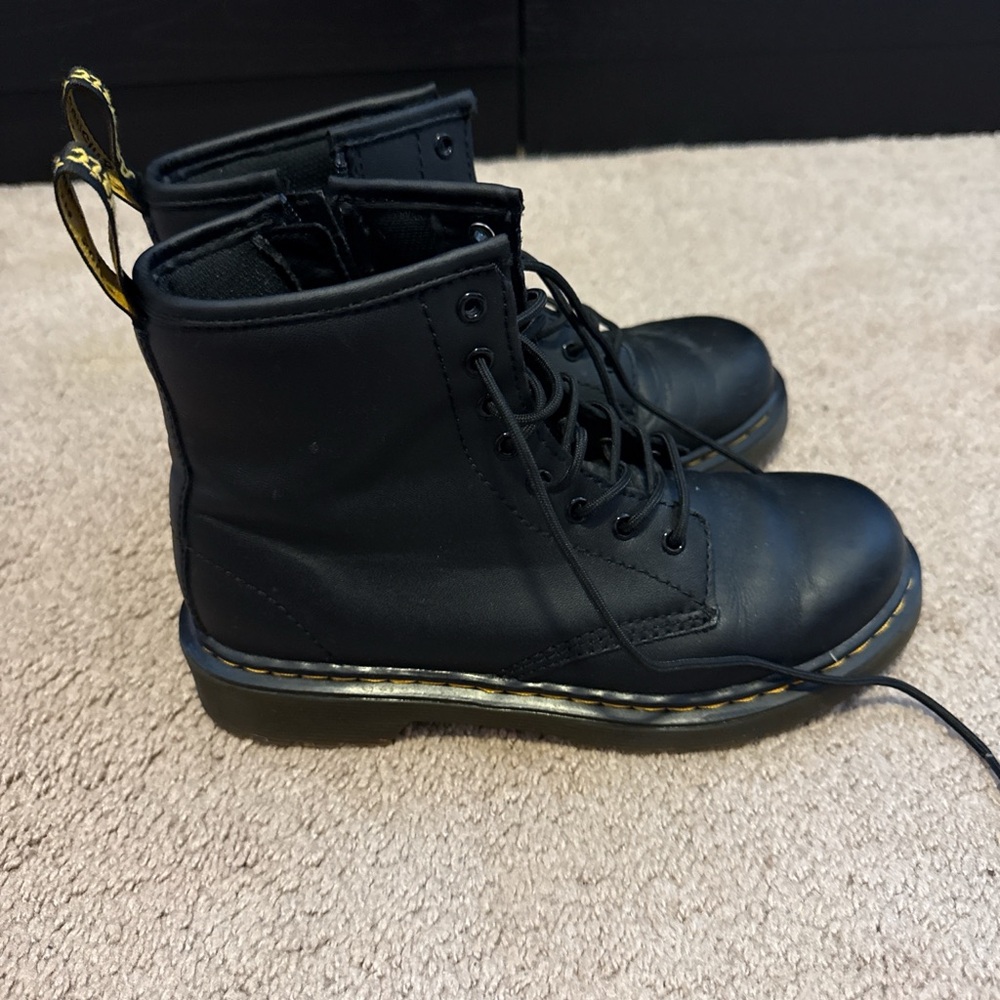 Dr. Martens Black Leather Combat Boots with Yellow Stitching